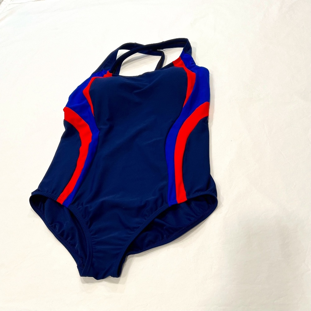 Lands End Women Athletic Blue Swimsuit Sz 12 long Cross back Molded cups